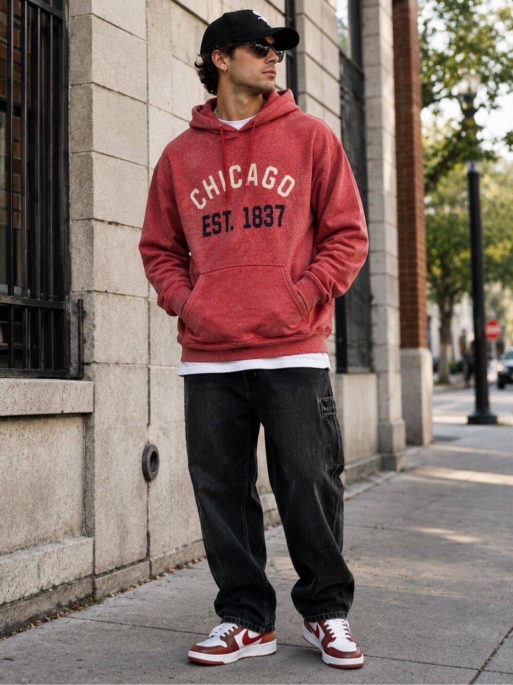 Chicago EST. 1837 Graphic Hoodie Men’s Streetwear Red Pullover Sweatshirt Appliq